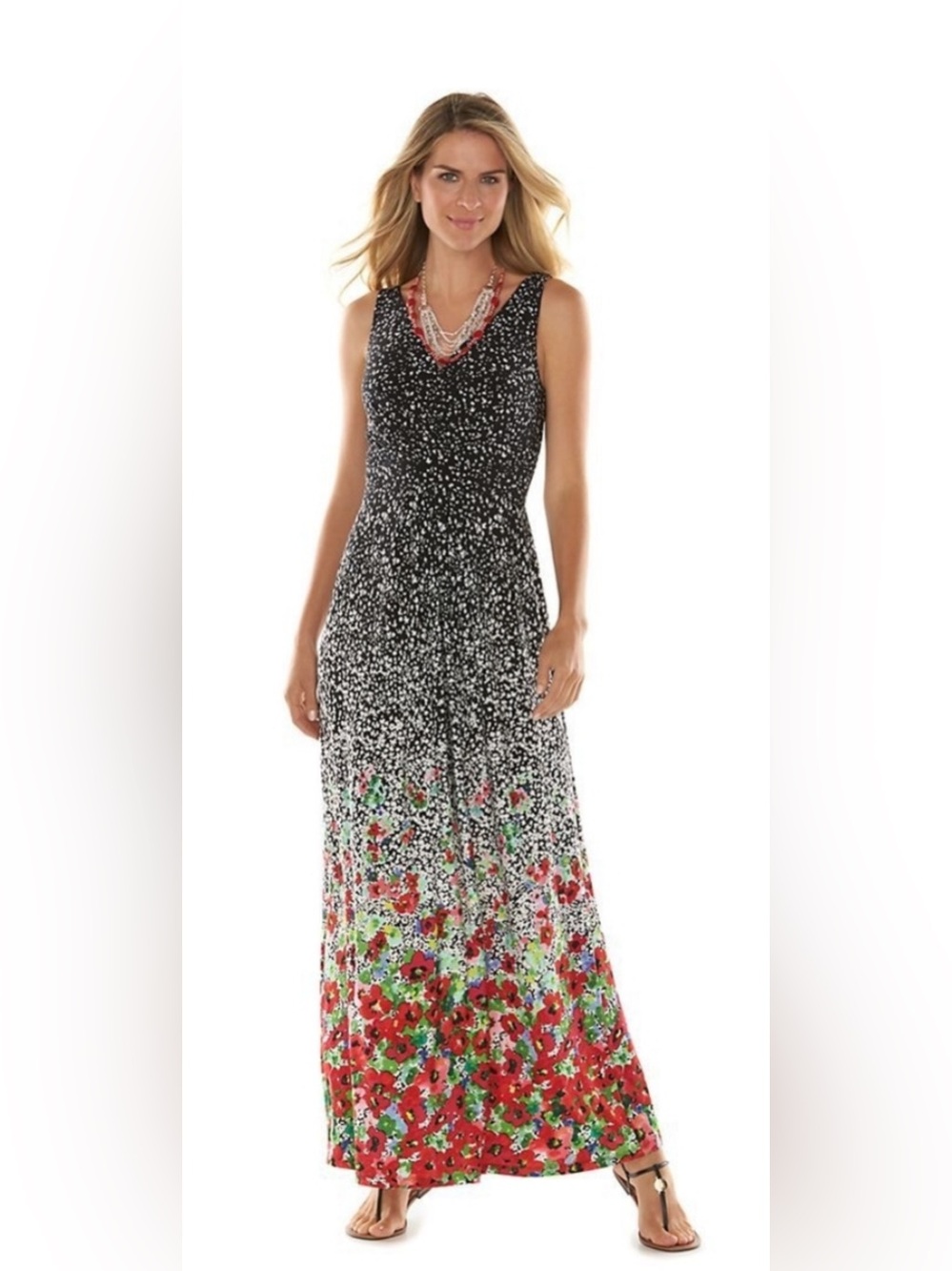 Chaps Black to Red Floral Ombre Maxi Dress